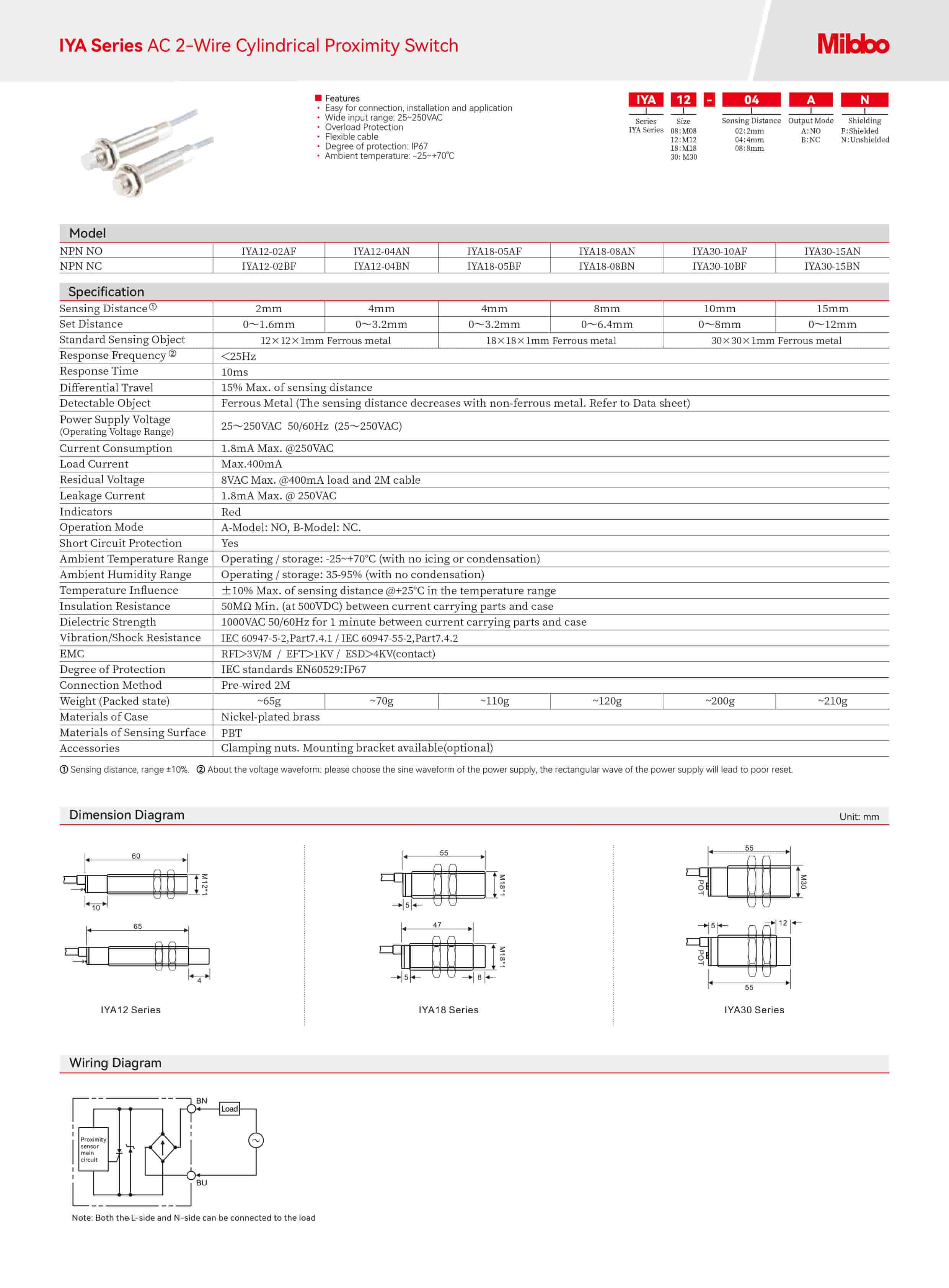 IYA Series AC 2-Wire Cylindrical Proximity Switch