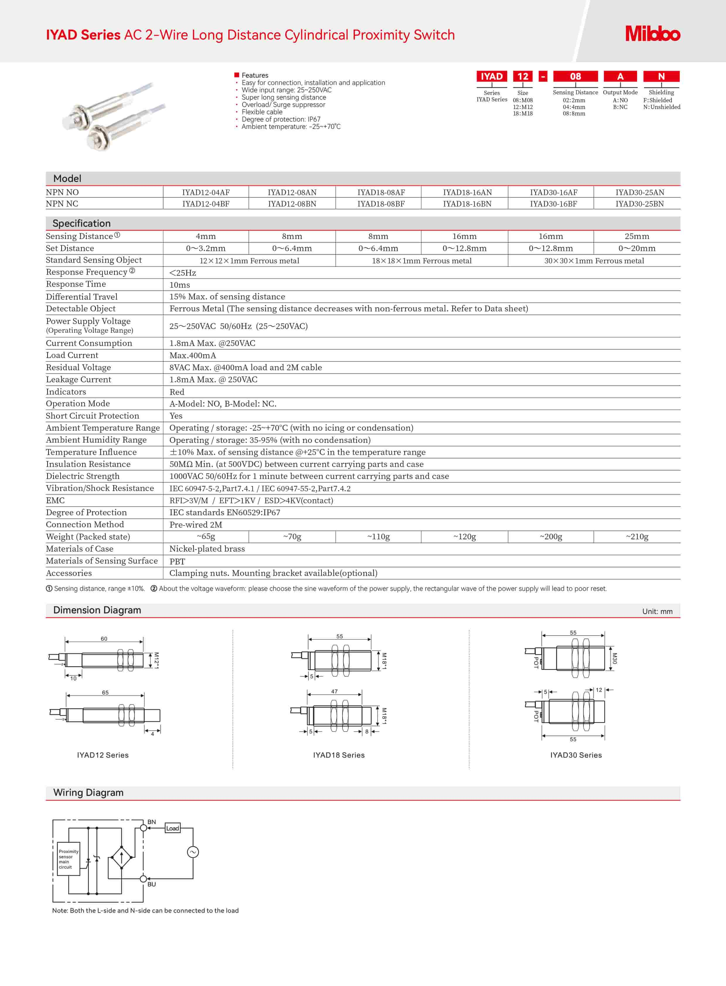 IYAD Series AC 2-Wire Long Distance Cylindrical Proximity Switch